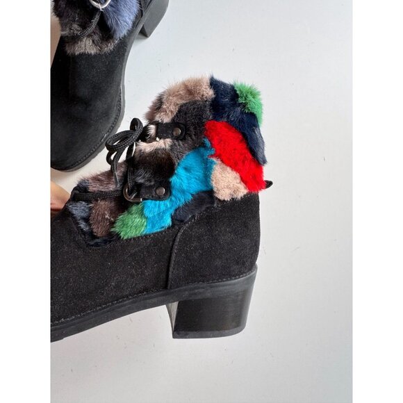 STUART WEITZMAN Black Suede Rainbow Rabbit Fur Trim Combat Boots, Size 8 - Picture 7 of 15